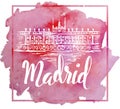 Madrid label with hand drawn Royal Palace of Madrid, lettering Madrid on watercolor background Royalty Free Stock Photo