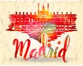 Madrid label with hand drawn Royal Palace of Madrid, lettering Madrid with watercolor fill Royalty Free Stock Photo
