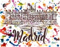 Madrid label with hand drawn Royal Palace of Madrid, lettering Madrid on multicolored watercolor background Royalty Free Stock Photo