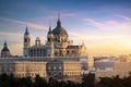 Madrid landmark at night. Landscape of Santa Maria la Real de La Almudena Cathedral and the Royal Palace. Beautiful skyline at Royalty Free Stock Photo