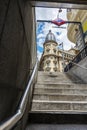 Madrid metro exit with stone stairs and metal railing Royalty Free Stock Photo