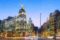 Madrid, Metropolis Building and Gran Via at night