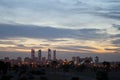 Madrid skyline at sunset, highlighting the four towers of the financial district to the north of the city Royalty Free Stock Photo