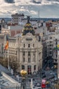 Madrid skyline sunset view, Metropolis, Banco de Espana Central Bank buildings and Gran Via and Alcala street junction