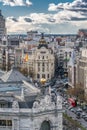 Madrid skyline sunset view, Metropolis, Banco de Espana Central Bank buildings and Gran Via and Alcala street junction