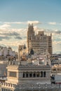 Madrid skyline view, Gran via Telefonica Movistar Buildings and Callao from Cibeles Palace Townhall