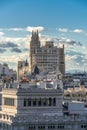 Madrid skyline view, Gran via Telefonica Movistar Buildings and Callao from Cibeles Palace Townhall Royalty Free Stock Photo