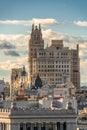 Madrid skyline view, Gran via Telefonica Movistar Buildings and Callao from Cibeles Palace Townhall Royalty Free Stock Photo