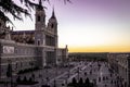 Almudena Cathedral and Plaza de la Armeria sunset view, Madrid, Spain. Royalty Free Stock Photo