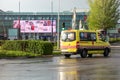 Ambulance of the community of Madrid entering IFEMA Madrid Fair Institution where a field hospital has been installed during the