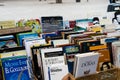 Bookshelf with old books at the book fair in Cuesta de Moyano in Madrid