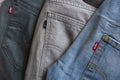 MADRID, SPAIN - APRIL 3, 2022: Close up of the back of several models of Levi`s jeans in different colors. Detail of the labels Royalty Free Stock Photo