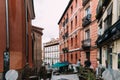 Cosy Narrow Street with Terraces of Cafes and Restaurants in Central Madrid Royalty Free Stock Photo