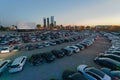 Madrid, Spain- April 17,2021: Parking lot of a drive-in theater full of cars at sunset in Madrid Royalty Free Stock Photo