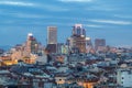 MADRID, SPAIN - APRIL 13, 2019: Skyline of Madrid`s financial district, surrounded by the city`s housing during the sunset, we c Royalty Free Stock Photo