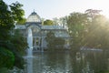 Madrid / Spain - 02 August 2019: Crystal Palace in the Famous Retiro park in Madrid, in the sunset. Spanish public art museum with