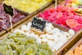 Sweets stand exposing colorful comfit in a market Royalty Free Stock Photo