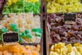 Sweets stand exposing colorful comfit in a market Royalty Free Stock Photo