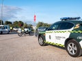 Cars and motorcycles of the Civil Guard in a police control at the Madrid exit for unjustified movements of citizens during the st