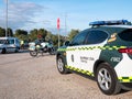 Cars and motorcycles of the Civil Guard in a police control at the Madrid exit for unjustified movements of citizens during the st