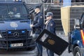 Riot police in position of warning before a football match