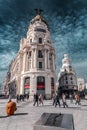 Bronze city plan of the Gran Via street displayed in front of the Metropolis building in Madrid, Spain
