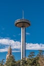 Faro de Moncloa Moncloa Lighthouse transmission tower and observation deck with blue sky backgournd.