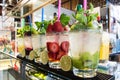 MADRID, SPAIN - FEBRUARY 12, 2017: Fresh drinks and cocktails at San Miguel Market at Madrid
