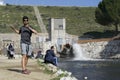 MADRID, SPAIN - FEBRUARY 15, 2020: People spending the day and doing sports at the beginning of the El Pardo dam