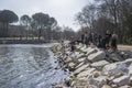 MADRID, SPAIN - FEBRUARY 15, 2020: People spending the day and doing sports at the beginning of the El Pardo dam