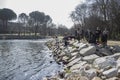 MADRID, SPAIN - FEBRUARY 15, 2020: People spending the day and doing sports at the beginning of the El Pardo dam