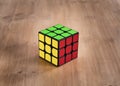 Madrid, Spain; 06 february 2019: Rubik Cube puzzle intelligence toy game solved, three sides Royalty Free Stock Photo