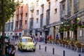 Seat 600 circulates on the old street of Madrid. Royalty Free Stock Photo