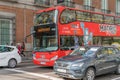 Madrid, Spain - 13 February 2020: Tourist bus `Madrid City Tour` rides on Calle Mayo