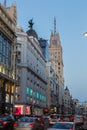 Madrid, Spain. Gran Via, main shopping street at dusk. Royalty Free Stock Photo