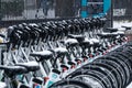 Madrid  Spain - January 2021: bikes from public rental service BiciMad covered in snow due to Filomena Storm Royalty Free Stock Photo