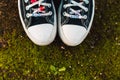 Madrid, Spain. 7 January 2024. Black white Converse sneakers on women's feet. Royalty Free Stock Photo