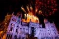 Madrid, Spain- January 5, 2023: Casa de Correos in Cibeles square with fireworks.