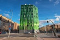 Detail of the facade of a green modern residential building in Vallecas district, in Madrid, Spain.