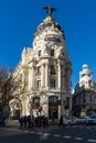 Gran Via and Metropolis Building in City of Madrid, Spain Royalty Free Stock Photo