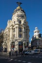 Gran Via and Metropolis Building in City of Madrid, Spain Royalty Free Stock Photo