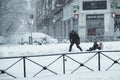 Madrid, Spain - January 9, 2021. Historic snowfall over the city in Arganzuela district