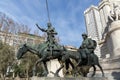 Monument to Cervantes and Don Quixote and Sancho Panza at Spain Square in City of Madrid, Spai