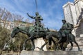 Monument to Cervantes and Don Quixote and Sancho Panza at Spain Square in City of Madrid, Spai