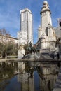 Monument to Cervantes and Don Quixote and Sancho Panza at Spain Square in City of Madrid, Spai Royalty Free Stock Photo