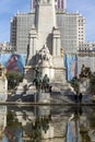 Monument to Cervantes and Don Quixote and Sancho Panza at Spain Square in City of Madrid, Spai