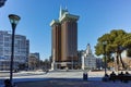 MADRID, SPAIN - JANUARY 21, 2018: Monument to Columbus and Columbus towers at Plaza de Colon in City of Madrid