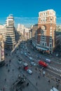 Morning aerial view of Plaza de Callao. Edificio Carrion and Palacio de la Prensa Building. Gran via street Junction with Plaza de Royalty Free Stock Photo