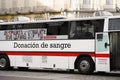 MADRID, SPAIN - JANUARY, 23RD, 2020: Red cross bus located in Madrid, encourages people to donate blood.