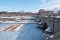 Madrid, Spain. January 15, 2021: Segovia Bridge in Madrid Rio park after Filomena snowstorm